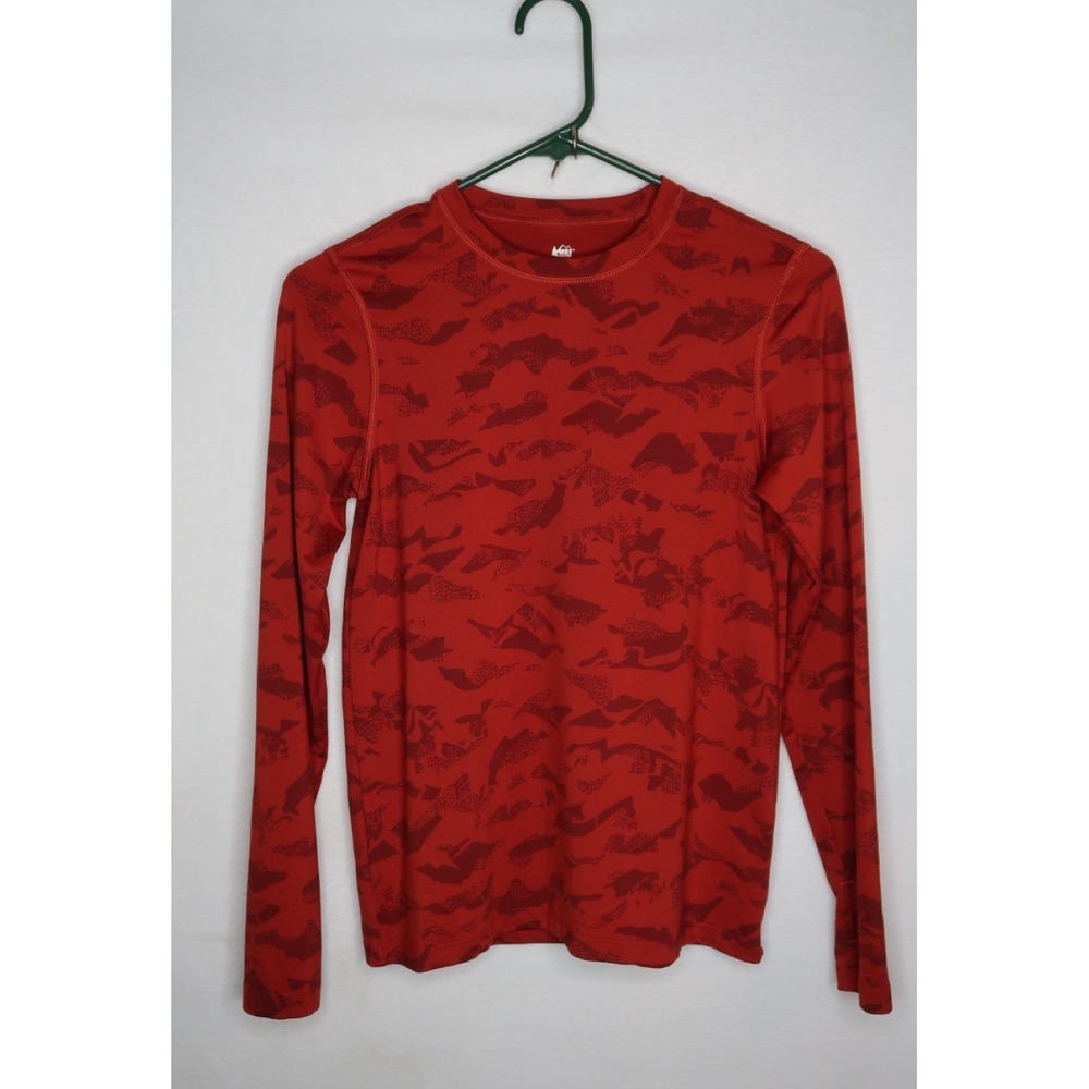 REI Co-op Kids L Performance Base Layer Shirt Red‎ Print Long Sleeve Hiking EUC